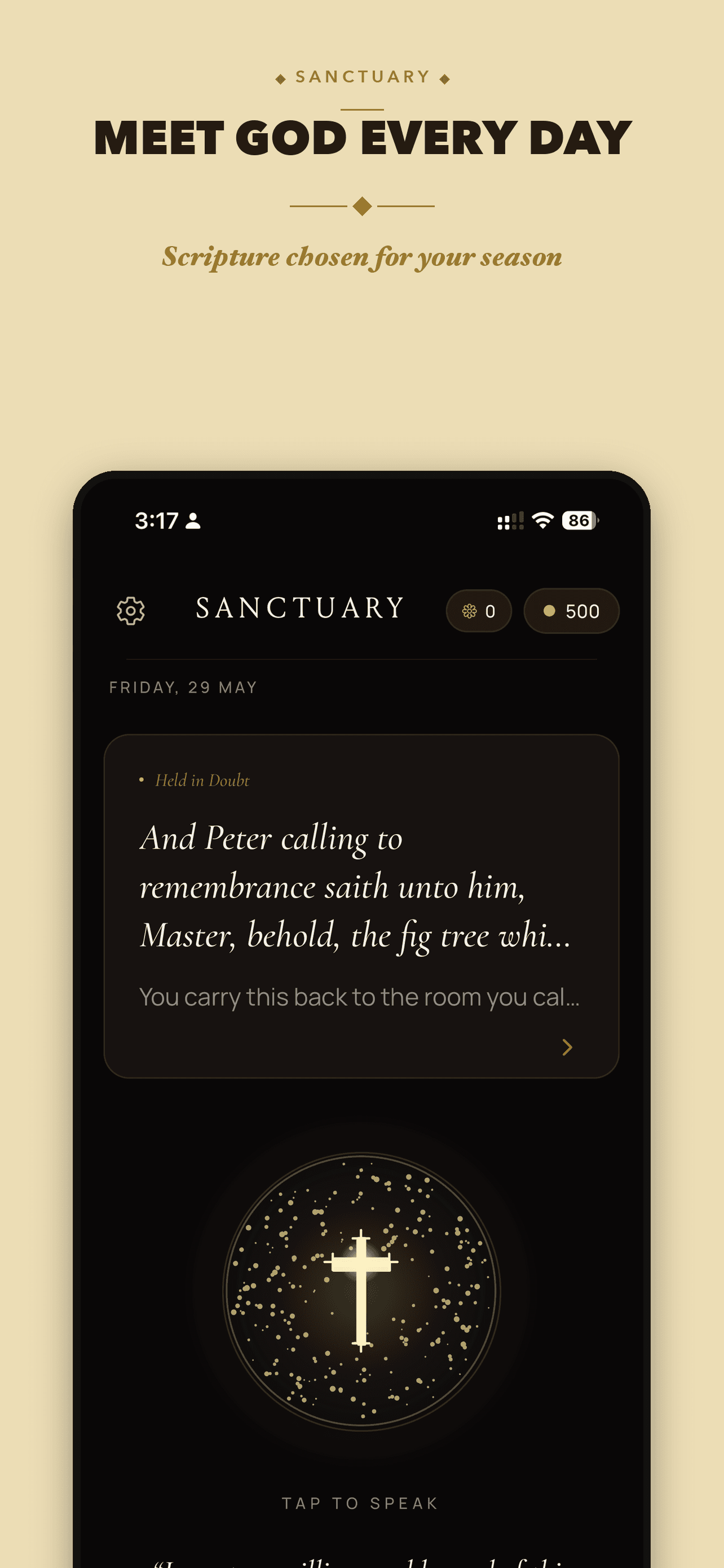 Sanctuary daily verse screen — a single King James verse waiting on the morning dashboard.